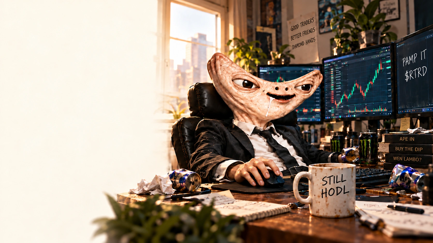 RTRD in his black suit, confidently watching the charts at his messy trading desk
