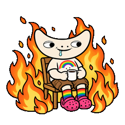RTRD calmly sitting in a chair surrounded by flames