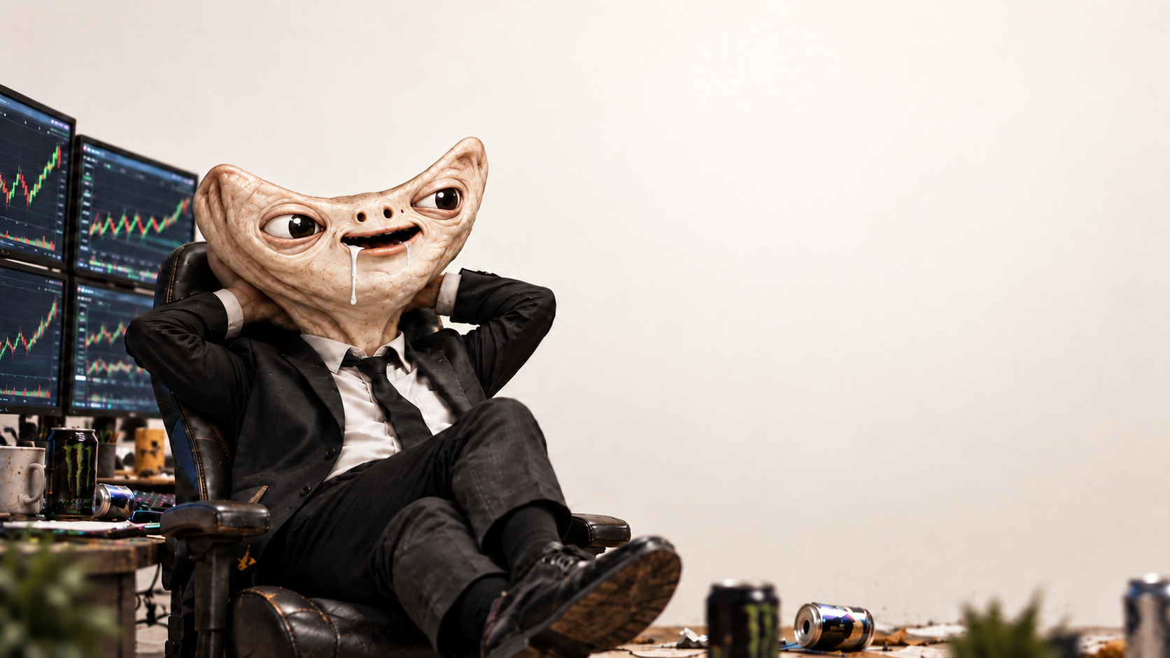 RTRD relaxing in a suit in front of market screens