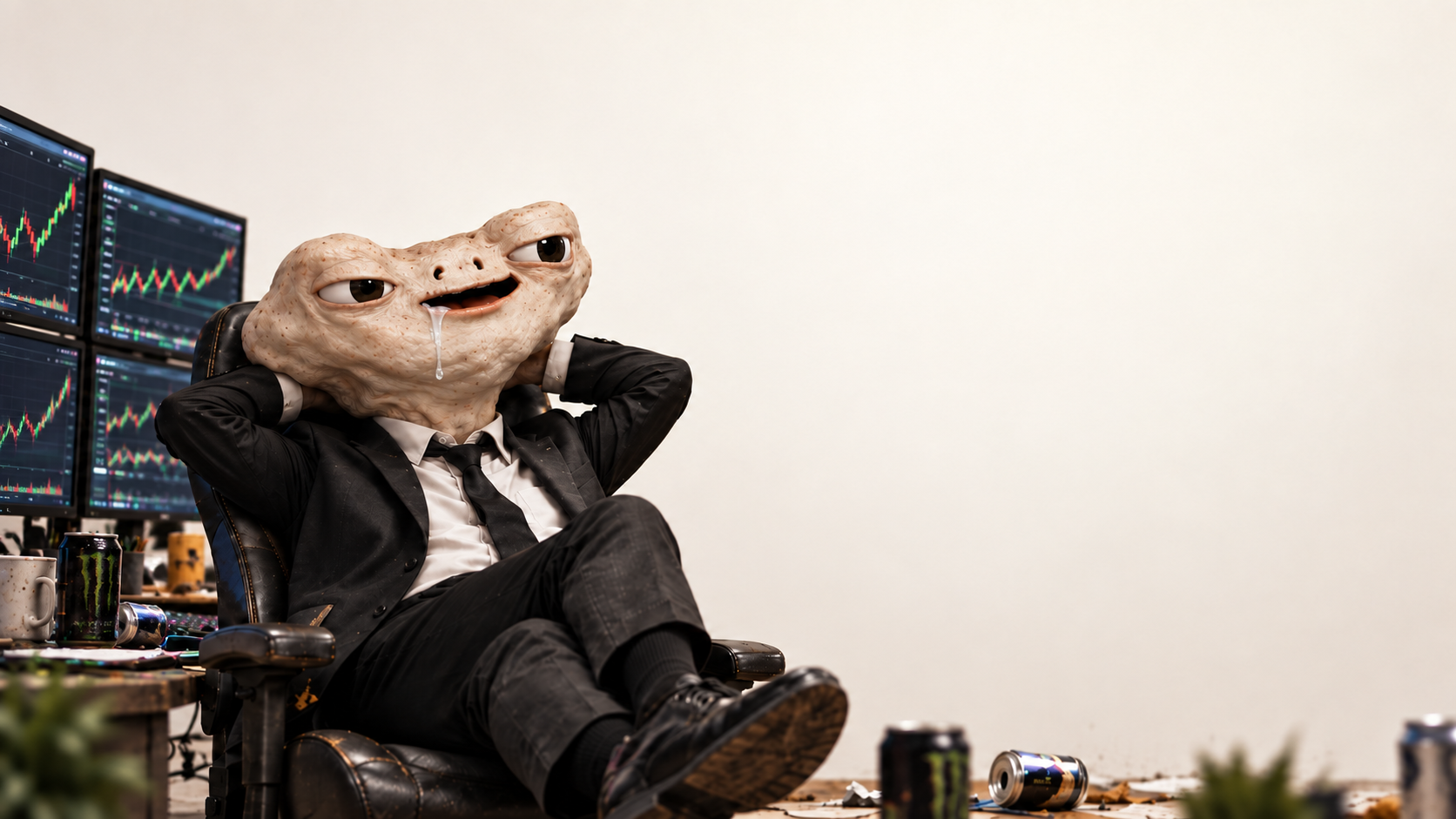 A suited frog trader relaxing in front of market screens